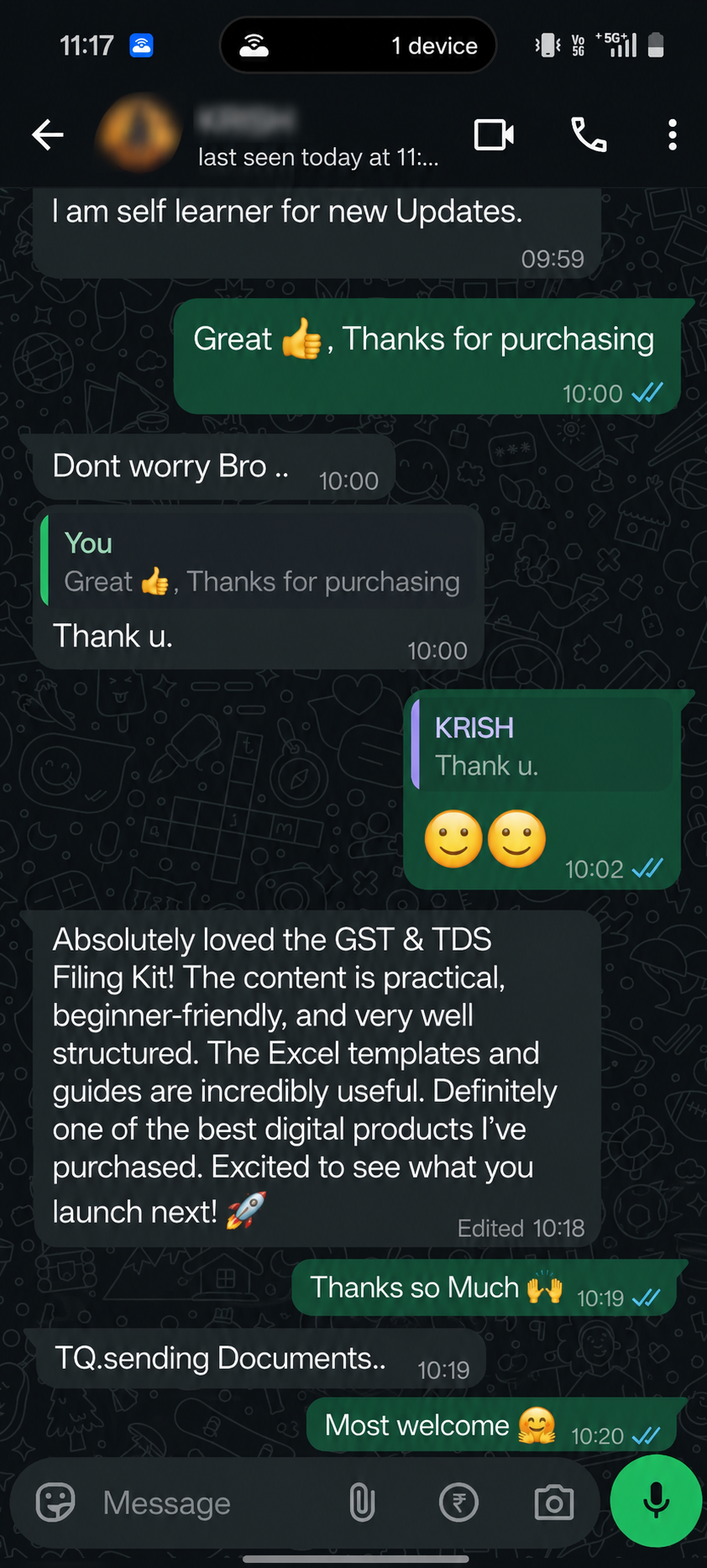 WhatsApp review describing the kit as practical and beginner friendly
