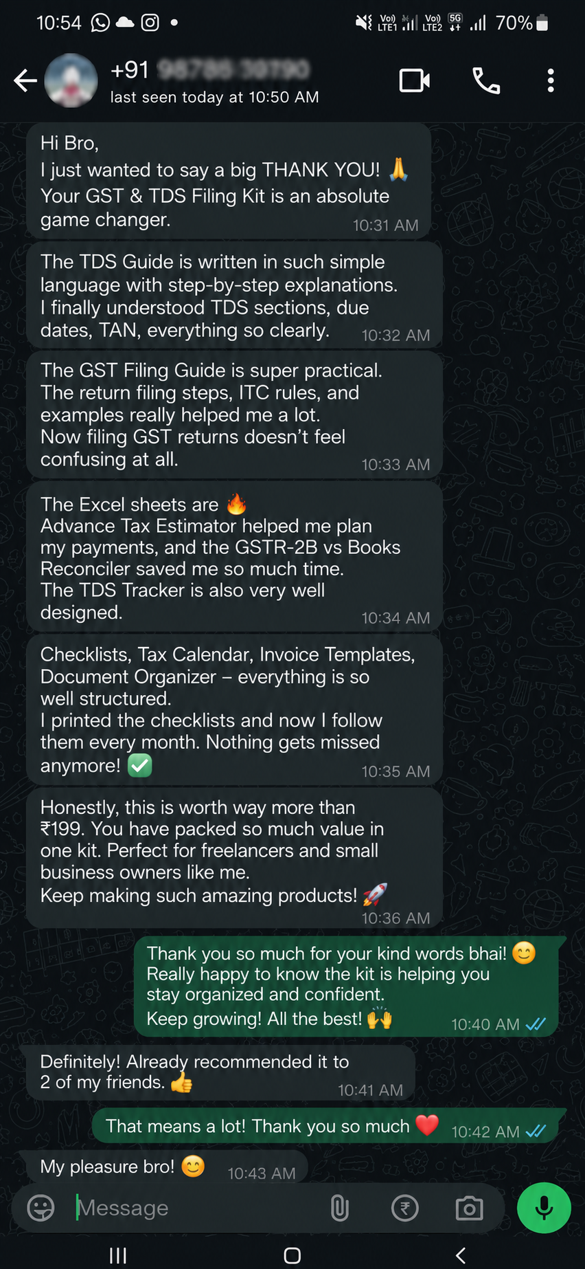 Detailed WhatsApp review of the GST filing guide, calculators and tax calendar