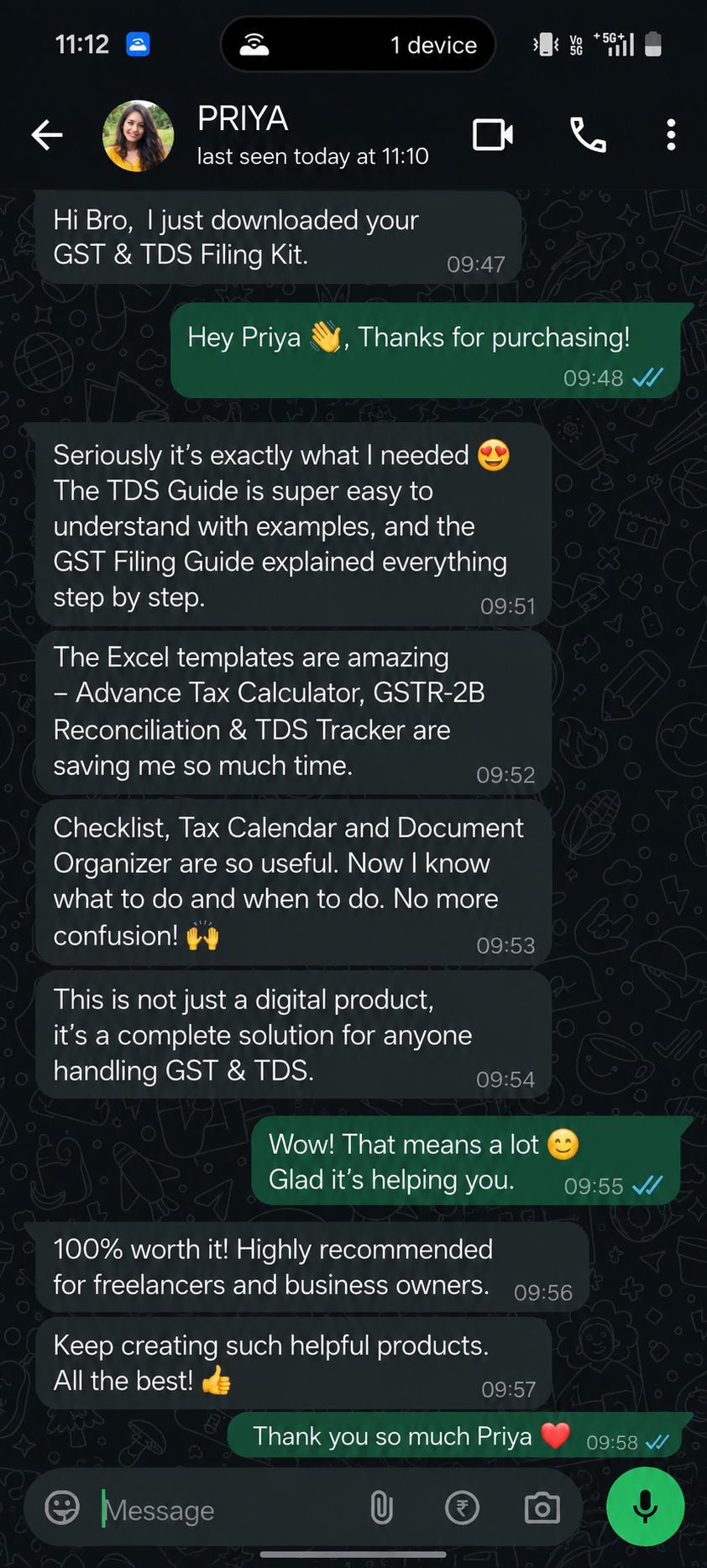 Customer WhatsApp review praising the TDS guide and Excel templates