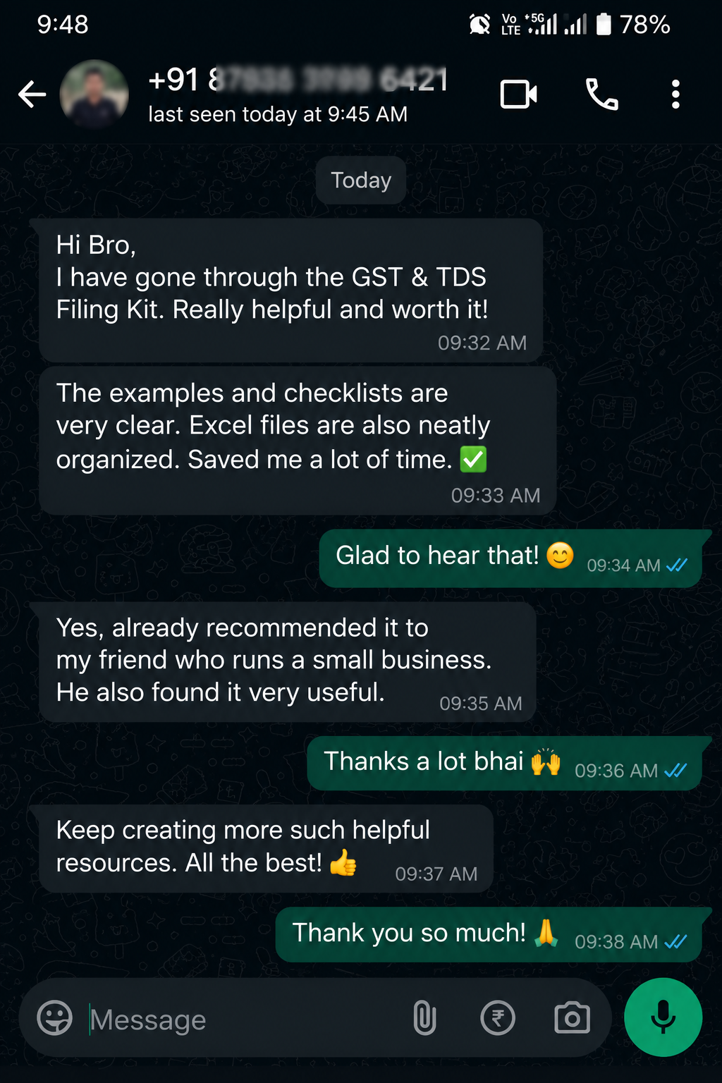 Customer WhatsApp review calling the checklists and Excel files clear and organised