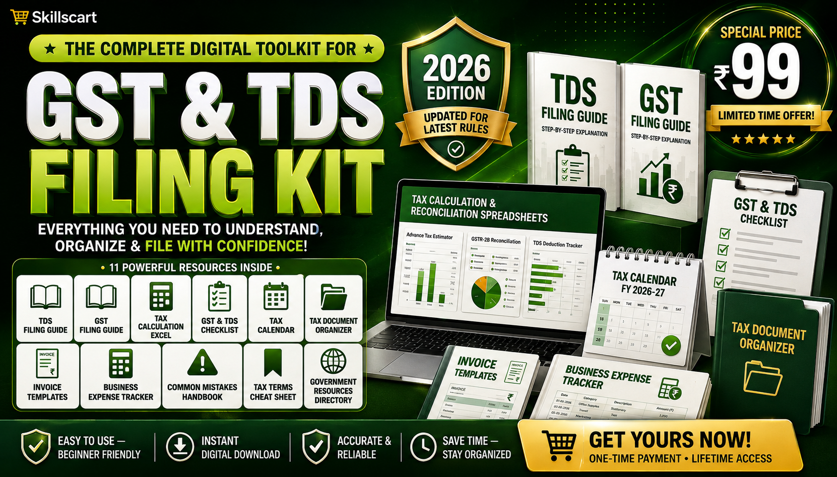Skillscart Complete GST and TDS Filing Kit 2026 Edition banner showing guides, Excel spreadsheets, checklists and the special ₹99 price